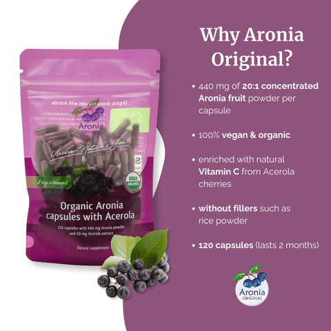 Organic Aronia Supplement with Acerola Cherry Extract | 120 Black Chokeberry Capsules